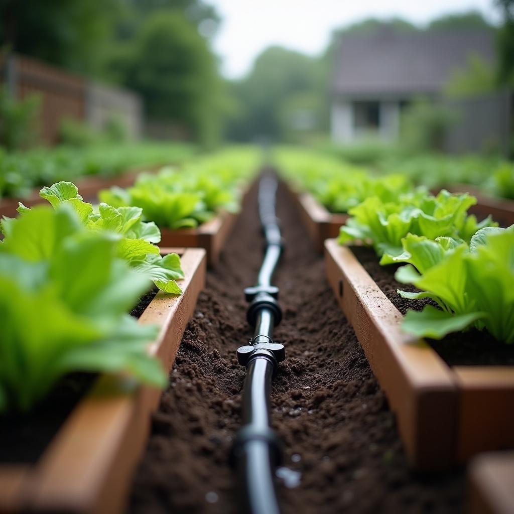 Sistema de riego por goteo instalado entre plantas de un huerto pequeño en un patio