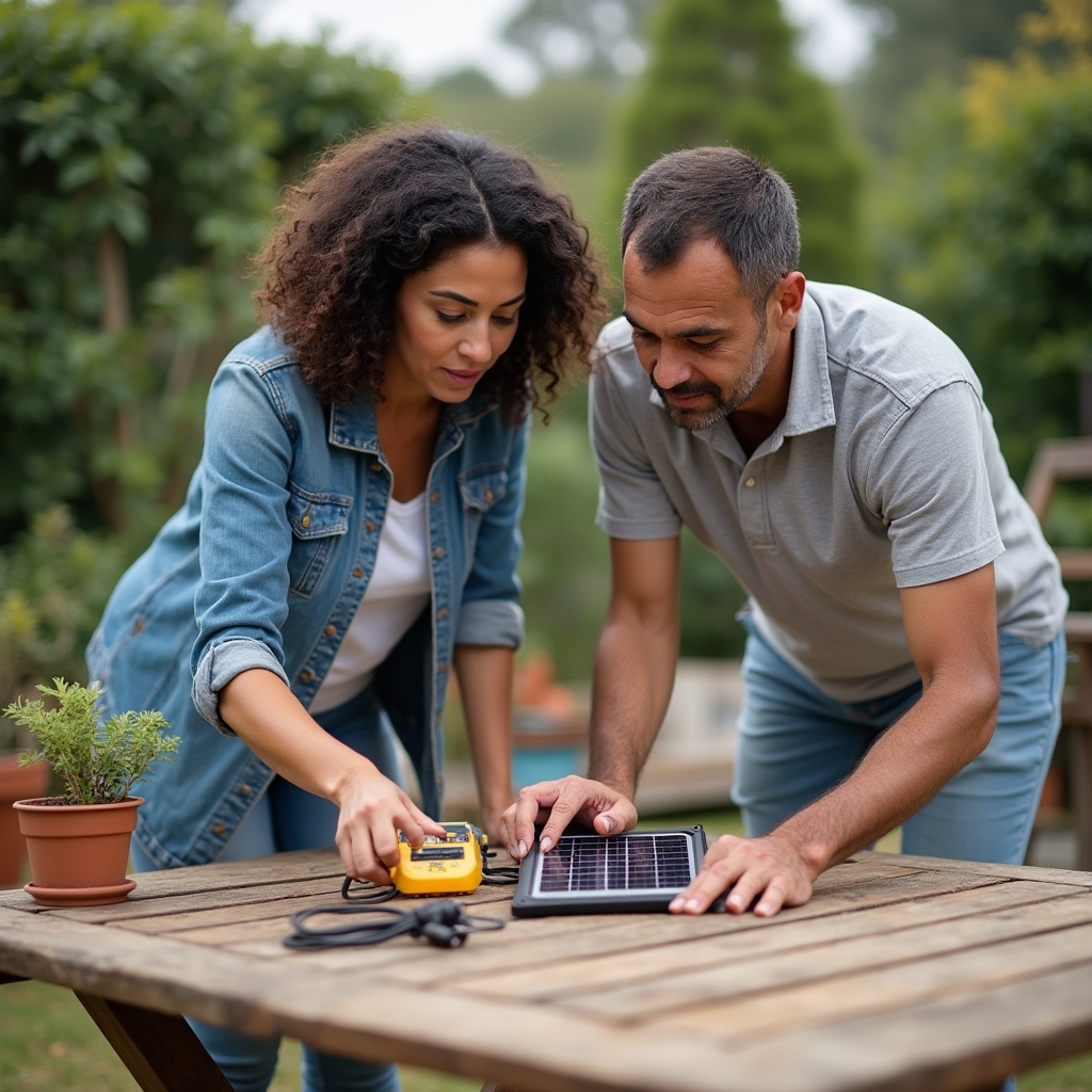 Dos personas revisando un panel solar portátil sobre una mesa de patio, comparando cables y conexiones
