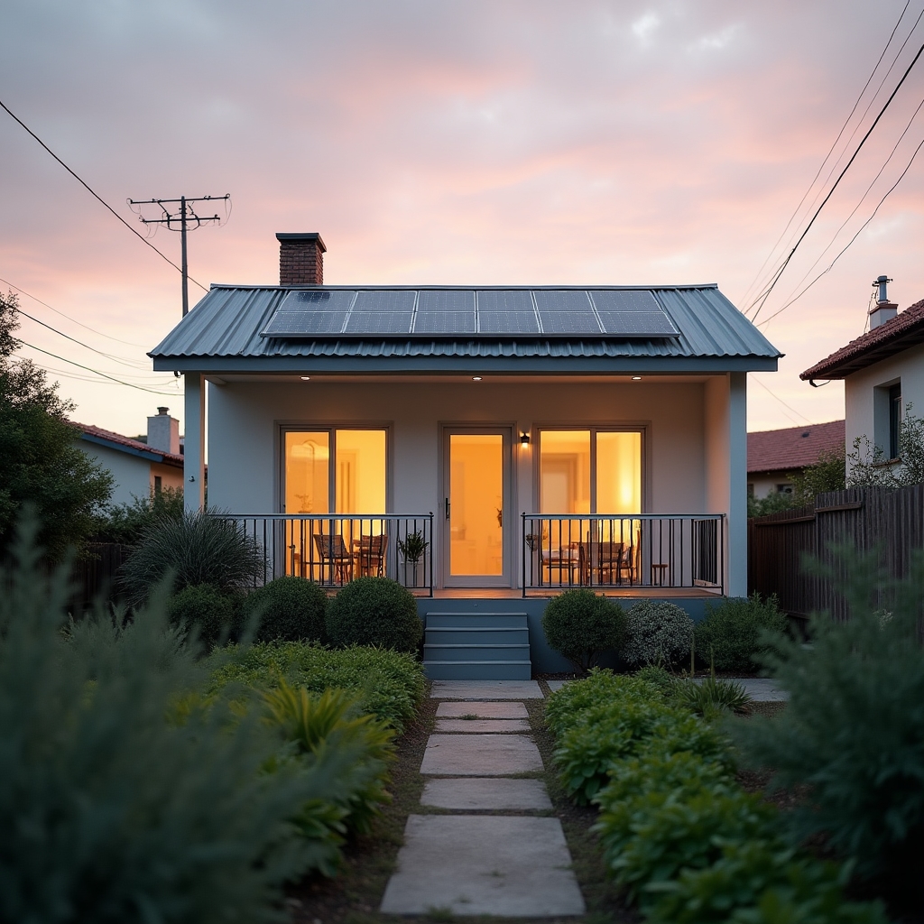 Casa con paneles solares pequeños en el techo, huerta con compostaje y riego por goteo en el jardín, luz cálida de atardecer